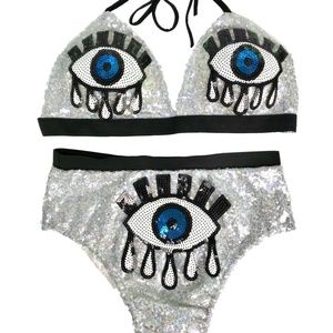 Rave Wonderland Evil Eye Silver Sequin Bikini Set